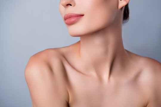 Close up photo of stunning lady no clothes beauty anti age effect therapy isolated on grey color background