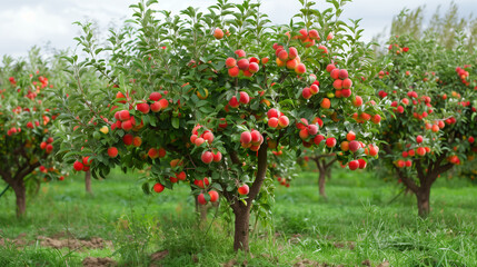 Ripe peaches hanging from lush green trees in an orchard. Great for themes of agriculture, fresh produce, and farm life. 
