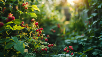 Obraz premium A lush garden scene with raspberry bushes growing in a peaceful, sunlit environment. Perfect for themes of gardening, nature, and organic food. 