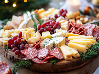 Photo of a festively decorated cheese platter with a variety of cheeses, garnished with fresh herbs and fruits. Slices of salami are arranged alongside, enhancing the presentation for a holiday feast.