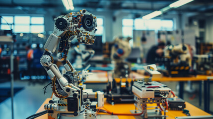 Fototapeta premium A modern robotics lab featuring advanced components and sensors arranged on a workspace. Ideal for technology, innovation, and artificial intelligence projects.
