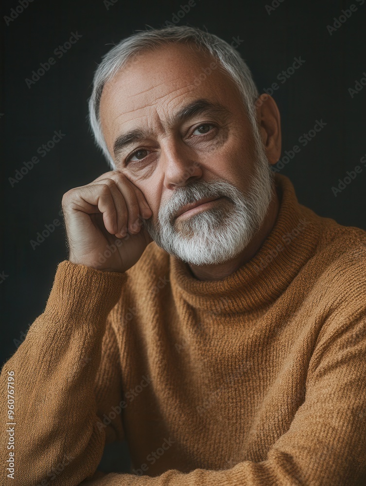 Poster a man with a beard wears a warm sweater and gazes thoughtfully, embodying a moment of reflection in 