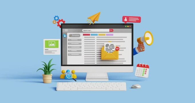 Email marketing, email automation, marketing automation. Customer engagement, retention, loyalty. Business e-mail marketing. 3D computer with emails inbox. 4K 3D animation. Trim first 3 sec for loop