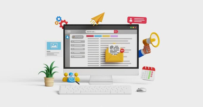Email marketing, CRM, email automation concept. Email newsletter automated marketing, subscription, business email solutions. 3D computer with emails inbox. 4K 3D animation. Trim first 3 sec for loop