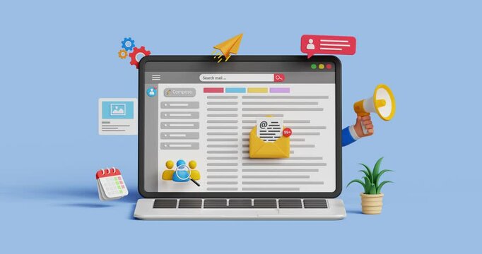 Email marketing, email automation, marketing automation. Customer engagement, retention, loyalty. Business e-mail marketing. 3D laptop with emails inbox. 4K 3D animation. Trim first 3 sec for loop