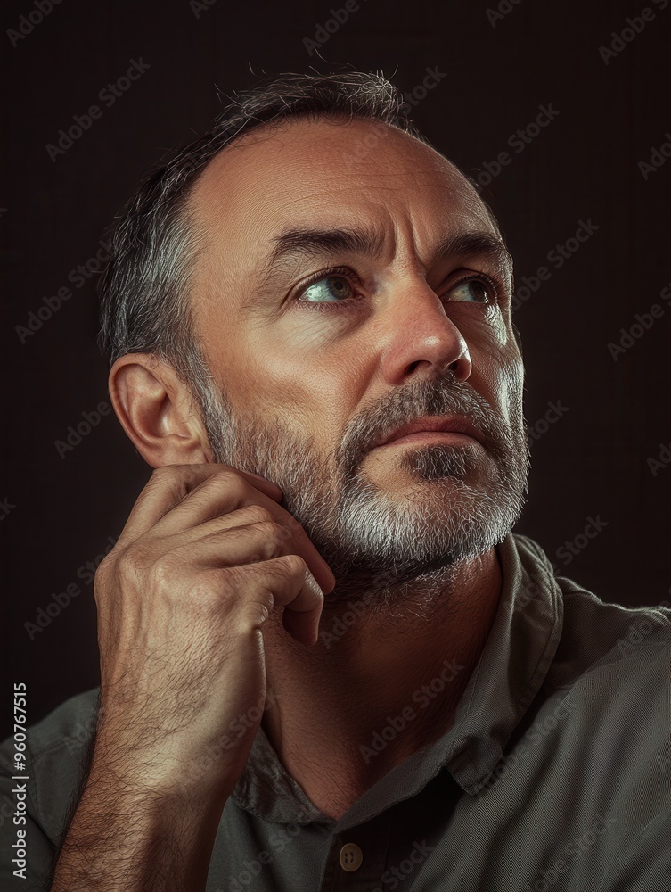 Fototapete a man with a well-groomed beard and serious expression reflects thoughtfully while seated in a softl