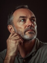 Fototapeta premium A man with a well-groomed beard and serious expression reflects thoughtfully while seated in a softly lit room filled with shadows. Generative AI