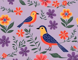 Fototapeta premium Elegant purple birds perched among floral patterns in a vibrant design provance