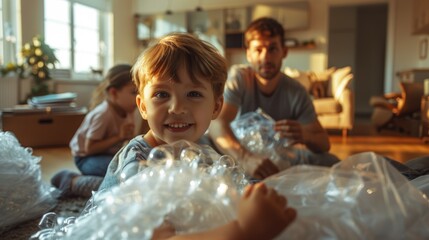 Joyful Family Unboxing New Furniture with Children Playing Bubble Wrap in Modern Dining Room
