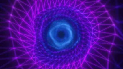 A mesmerizing pink and blue vortex with a geometric wireframe futuristic glowing tunnel effect for conveying technology, digital worlds, or abstract energy