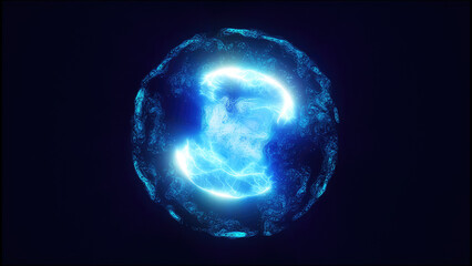 A glowing blue energy sphere with dynamic textures and swirling patterns, emitting a futuristic and cosmic aura technology space sci-fi