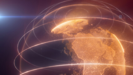 Obraz premium A digital representation of yellow Earth with glowing lines encircling the planet, highlighting global connectivity and technology