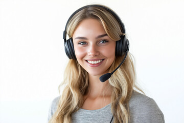 Portrait of a young woman with a headset and microphone, perfect for customer service or call center visuals, generative AI