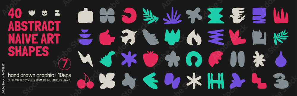 Aufkleber Collection of various hand drawn bizarre abstract geometric unusual shapes, forms in matisse art style, Childish freehand aesthetic, Vector naive doodle primitive object and graphic elements, set 7