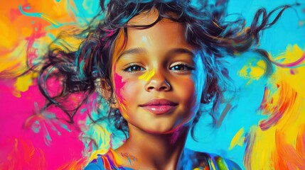 A Young Girl With Colorful Paint Streaks on Her Face