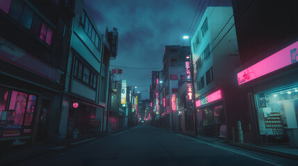 A deserted urban street bathed in neon lights from glowing storefronts and signs, creating a cyberpunk-inspired, futuristic nighttime atmosphere