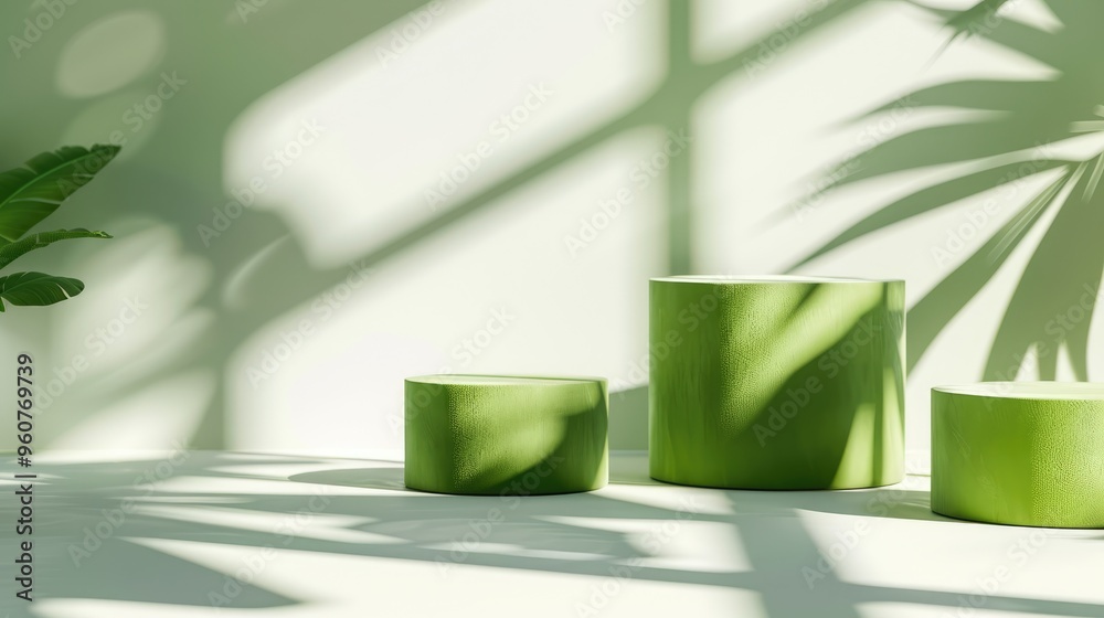 Sticker fashionable cosmetic displays: green podiums in sunlight casting shadows on white backdrop.