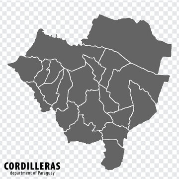 Blank map Cordillera Department of Paraguay. High quality map Department  of Cordillera with districts on transparent background for your web site design, logo, app, UI.  Republic of Paraguay.  EPS10.