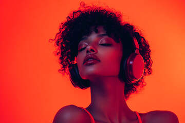 Womans Burgundy Headphones with Solid Neon Orange Details, Trendy Lifestyle Portrait Featuring Bold Fashion