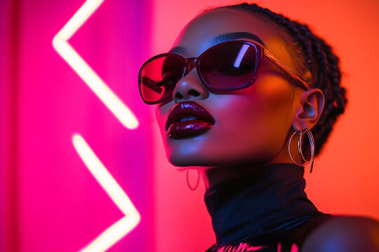 Stylish Womans Burgundy Eyewear Against Solid Neon Pink Background, Fashionable Lifestyle Portrait