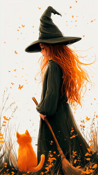 Red Haired Witch Walking with Orange Cat in Autumn