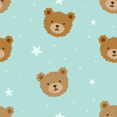 Cute brown teddy bear face with stars in the blue sky, kids seamless pattern background for print on textile