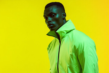 Stylish Mens Neon Green Track Suit with Solid Neon Yellow Details, Modern Lifestyle Portrait