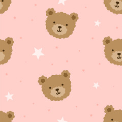 hand drawn teddy bear cute face with stars on a pink pastel background, girly kids seamless pattern background 