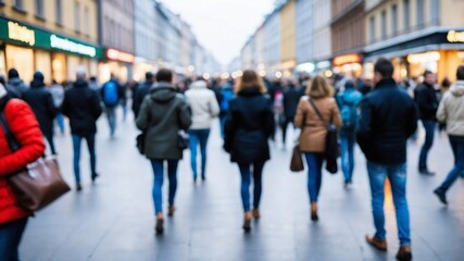 ぼやけた群衆が通りを埋め尽くし、都市の匿名性と生活の速さを象徴する風景