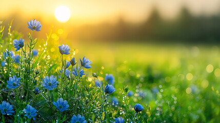 Fototapeta premium Sunrise Meadow: A field of delicate blue wildflowers basks in the golden glow of a sunrise, their petals glistening with morning dew. A peaceful and serene scene, perfect for nature lovers and those s