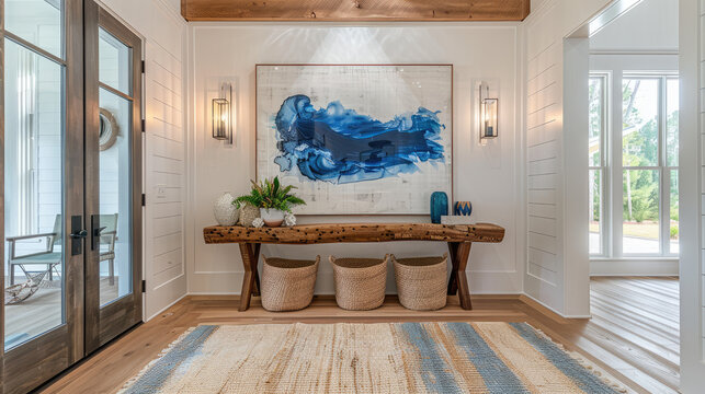 white luxury entry way design of luxury apartment with a lof ot light from the clear glass windows neutral color wood table white blue and white art frame 