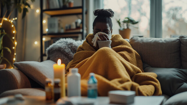 Woman wrapped in blanket sneezing at cozy home setting during winter cold