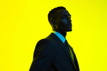 Obraz premium Stylish Man in Dark Gray Suit with Neon Yellow Accents, Captured Against a Solid Background for a Trendy Fashion Lifestyle Portrait