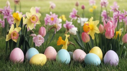 Fototapeta premium A banner with a grassy field and colorful eggs. Easter celebration