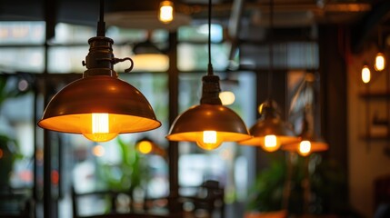 Vintage Loft Lamps Emitting Warm Light in a Cafe