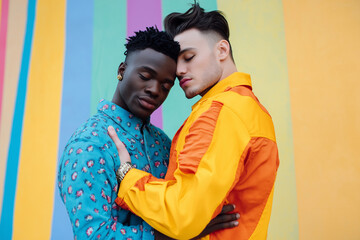 Obraz premium two gays love each other and a black gay and a white gay hug on a colored background, lgbtq+, generative AI