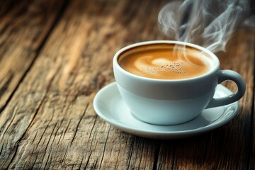 Fototapeta premium Steaming coffee cup on rustic wooden table