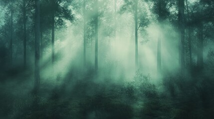Sunbeams Illuminating a Foggy Forest