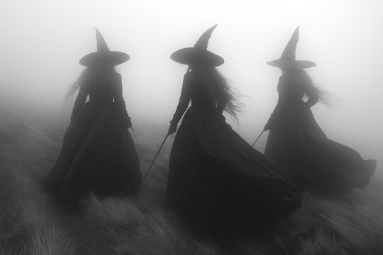 Three mysterious witches gather in a foggy forest at midnight, casting enigmatic shadows with their long black robes and pointed hats