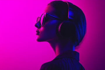 Fashionable Woman with Black Headphones and Solid Neon Purple Accents, Captured in a Solid Background Lifestyle Portrait