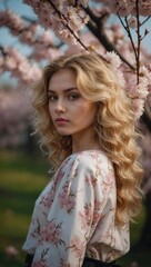 Naklejka premium A woman with long blonde hair stands in front of a tree with pink blossoms