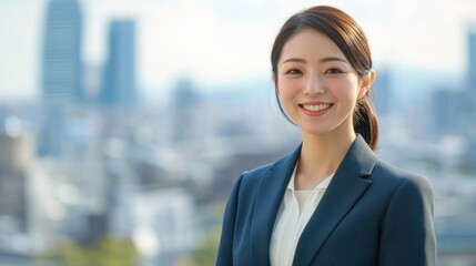 A Portrait of a Smiling Woman in a Blue Blazer in Front of a Cityscape