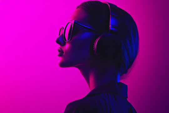 Fashionable Woman with Black Headphones and Solid Neon Purple Accents, Captured in a Solid Background Lifestyle Portrait