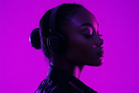 Stylish Woman Wearing Black Headphones with Solid Neon Purple Details, Captured in a Fashionable Solid Background Lifestyle Portrait