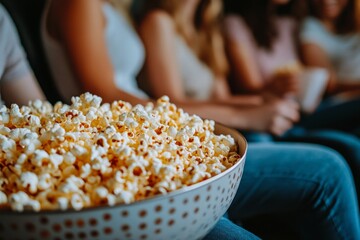 Friends enjoying movie night with popcorn in cozy setting