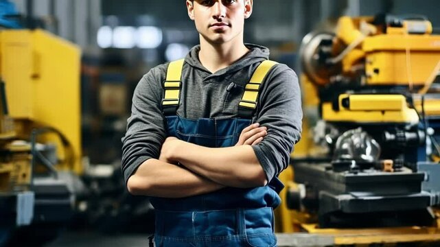 Young caucasian factory worker in uniform standing with his arms crossed in a factory. He is wearing a hard hat and work overalls