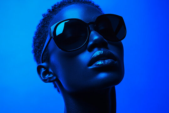Trendy Man with Black Eyewear and Solid Neon Blue Details, Captured in a Solid Background Lifestyle Portrait
