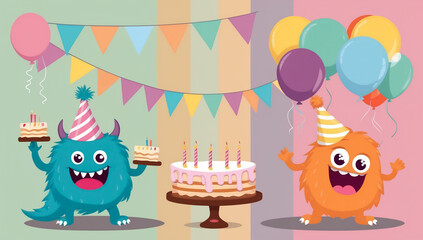 Fototapeta premium cute cartoon monster with cake, birthday flat design illustration