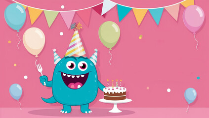 Fototapeta premium cute cartoon monster with cake, birthday flat design illustration