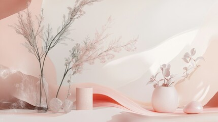 Minimalist Still Life with Pink and White Tones Featuring Dried Flowers and Geometric Shapes